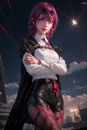masterpiece, best quality, (detailed background), (beautiful detailed face, beautiful detailed eyes), absurdres, highres, ultra detailed, masterpiece, best quality, detailed eyes, frown, light_purple_eyes, purple hair, long hair, arms_crossed, folded arms,high collar, asian girl, upper body, sexy pose, alluring, open mouth, neck bone, space background, cyberpunk scene, neon lights, upper body, close shot, purple lightnings, eyes,kafka(honkai star rail), collared shirt, shorts, sunglasses, eyewear on head, solo, pantyhose, black shorts, coat, long sleeves