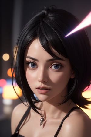 masterpiece, best quality, (detailed background), (beautiful detailed face, beautiful detailed eyes), absurdres, highres, ultra detailed, masterpiece, best quality, detailed eyes, blue_eyes, black hair, alluring, closed mouth, neck bone, at the city , midnight, cyberpunk scene, neon lights, lightning, light particles, electric, dj theme, synthwave theme, (bokeh:1.1), depth of field, looking_at_viewer, pov_eye_contact, black hair, fair complexion, pink lips, kinki, light skin, several strands of hair always hanging between her eyes, purple iris, wearing Shihakusho , bob haircut, smirk, kinki, model pose
