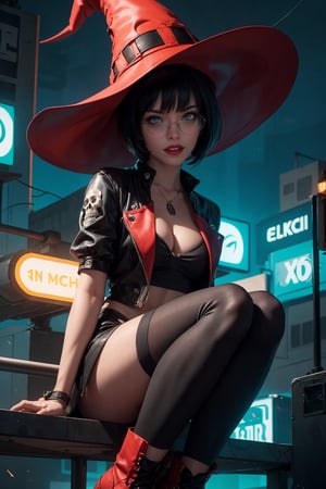 masterpiece, best quality, (detailed background), (beautiful detailed face, beautiful detailed eyes), absurdres, highres, ultra detailed, masterpiece, best quality, detailed eyes, frown, green_eyes, black hair, floating, sexy pose, alluring, open mouth, posing, close-fitting clothing, neck bone, at the city , midnight, cyberpunk scene, neon lights, lightning, light particles, electric, dj theme, synthwave theme, (bokeh:1.1), depth of field, looking_at_viewer, upper_body,guiltys,InoXrd,i-no,inoMS,  black short-sleeved top, cleavage cutout, red jacket,  high heel boots, black fingerless gloves, black hair in a bob cut, fair complexion, red lips, mole on her left cheek, witch hat that has a skull face on it, glasses with green crystal, smiling 