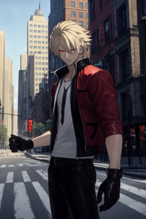 masterpiece, best quality, (detailed background), (beautiful detailed face, beautiful detailed eyes), absurdres, highres, ultra detailed, masterpiece, best quality, detailed eyes, red eyes, RockHoward, 1guy, high contrast , colored, bright colors, perfect color palette, solo,  red, black and white leather jacket, Under the jacket black t-shirt with short sleeves, fingerless_gloves, black leather pants and black shoes,guiltys, at the city,fate/stay background,RockHoward, at midnight, city background, crossed_arms, upper_body