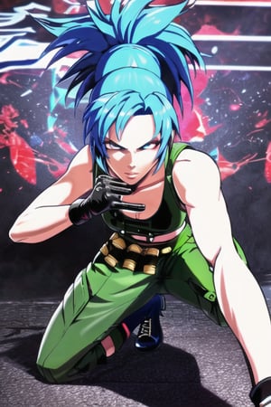 masterpiece, best quality, (detailed background), (beautiful detailed face, beautiful detailed eyes), absurdres, highres, ultra detailed, masterpiece, best quality, detailed eyes, solo, Leona, From King of Fighters, bright blue hair, long hair, Spiky pony tail, Green Cargo pants, black crop top, black gloves, in the city, midnight, neon lights, serious face, small waist, combat boots, parted_lips, marked abs, upper_body, fighting pose,guiltys