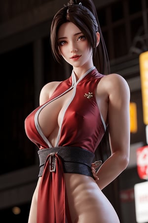 masterpiece, best quality, (detailed background), (beautiful detailed face, beautiful detailed eyes), absurdres, highres, ultra detailed, masterpiece, best quality, detailed eyes, brown_eyes, brown hair, crossed_arms, folded arms, ,asian girl, upper body, neck bone, at the city, midnight, cyberpunk scene, neon lights, red and white kunoichi dress, red tassels, at the back that are fastened to an obi around her waist, circular white ropes secured around her shoulders, red and black colored tabi