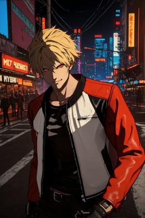 masterpiece, best quality, (detailed background), (beautiful detailed face, beautiful detailed eyes), absurdres, highres, ultra detailed, masterpiece, best quality, detailed eyes, 1 man, man, red_eyes, blonde hair, closed mouth, neck bone, at the city, midnight, cyberpunk scene, neon lights, lightning, light particles, electric, dj theme, synthwave theme, (bokeh:1.1), depth of field, looking_at_viewer, pov_eye_contact, red, black and white leather jacket, Under the jacket black t-shirt with short sleeves, fingerless_gloves, black leather pants and black shoes, serious, RockHoward, smirk