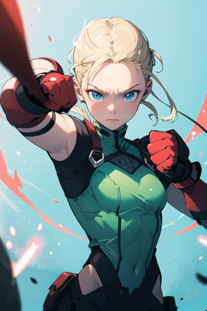 Cammy White, colorful, blonde hair, blue eyes, red gloves, fighting pose, fist close, yellow lightings, glow, glowing fist, light particles, wallpaper, chromatic aberration,