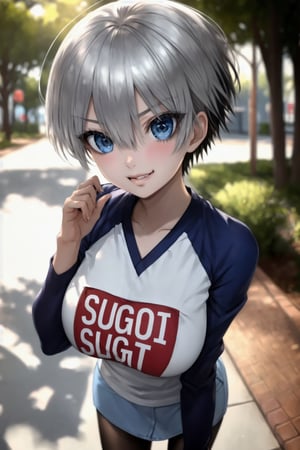 masterpiece, best quality, (detailed background), (beautiful detailed face, beautiful detailed eyes), absurdres, highres, ultra detailed, masterpiece, best quality, detailed eyes, blue-eyes, silver hair, hair bangs, alluring, open mouth, neck bone, at a park, (bokeh:1.1), depth of field, looking_at_viewer, Uzaki hana, pov_eye_contact, silver hair, fair complexion, pink lips, kinki, alluring, light skin, blue iris, smirk, kissing, bob hairstyle, hair bangs, long-sleeve shirt with the words sugoi dekai printed on the front, denim short light blue skirt, black leggins, medium_breasts, black nape hair, perfecteyes, finger on mouth,perfecteyes, anime pose