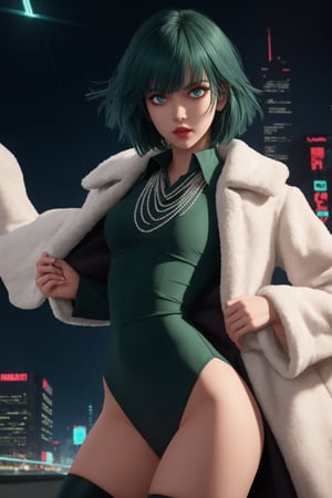 masterpiece, best quality, (detailed background), (beautiful detailed face, beautiful detailed eyes), absurdres, highres, ultra detailed, masterpiece, best quality, detailed eyes, green_eyes, green hair, alluring, close mouth, neck bone, at the city, midnight, cyberpunk scene, neon lights, lightning, light particles, electric, dj theme, synthwave theme, (bokeh:1.1), depth of field, looking_at_viewer, pov_eye_contact, dark green hair, fair complexion, pink lips, kinki, kissing, frown,fubuki\(one punch man\), curvy figure, chin-length, dark green hair with a fringe styled into a bob, and her eyes are light green. Her main attire consists of a long white fur coat, a dark green form-fitting V-neck dress with a high collar, thigh-high black boots and several white pearl necklaces