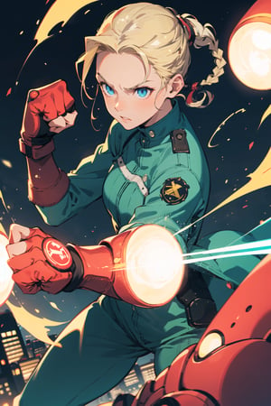 Cammy White, mature woman, short haire, colorful, blonde hair, blue eyes, red gloves, fighting pose, fist close, yellow lightings, glow, glowing fist, light particles, wallpaper, chromatic aberration, city destruction background