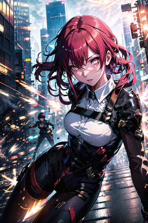 guiltys, angry, a girl, white eyes, red hair, fighting, upper body, (bokeh:1.1), depth of field, by Akihiko Yoshida, tracers, vfx, splashes, lightning, light particles, city background, masterpiece, best quality, (detailed background), (beautiful detailed face, beautiful detailed eyes), absurdres, highres, ultra detailed, masterpiece, best quality, detailed eyes, full body,Kafka(hsr)