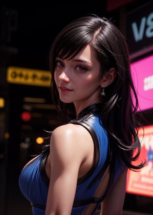 masterpiece, best quality, (detailed background), (beautiful detailed face, beautiful detailed eyes), absurdres, highres, ultra detailed, masterpiece, best quality, detailed eyes, upper body, 1_girl, red eyes, cyberpunk scene, Tifa, Final Fantasy 7 game, dark hair, pink lips, neck bone, messy cut, blunt bangs, red eyes, short blue party dress, cleavage cutout, midnight, at the streets, sexy pose, model pose, alluring pose, smile, marked abs, marked lower abs, well toned body, upper_body, looking_at_viewer, arms_raised, Close-fitting, ;), winking, wink, from behind, mouth_open