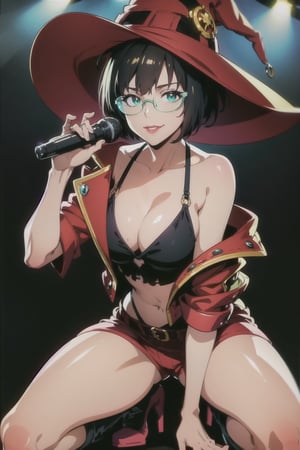 masterpiece, best quality, (detailed background), (beautiful detailed face, beautiful detailed eyes), absurdres, highres, ultra detailed, masterpiece, best quality, detailed eyes, green_eyes, black hair, sexy pose, alluring, closed mouth, close-fitting clothing, neck bone, at a concert, midnight, cyberpunk scene, neon lights, lightning, light particles, electric, dj theme, synthwave theme, (bokeh:1.1), depth of field, looking_at_viewer, pov_eye_contact, guiltys, black buttoned short top, cleavage, red jacket, high heel boots, black fingerless gloves, black hair in a bob cut, fair complexion, red lips, mole on left cheek, witch hat that has a skull face on it, glasses with green crystal, smiling, red short-shorts, inoMS, medium_breasts, playing_instrument, on knees, mint les paul guitar, big amps at the background