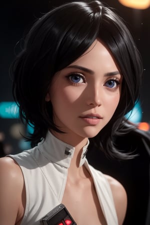 masterpiece, best quality, (detailed background), (beautiful detailed face, beautiful detailed eyes), absurdres, highres, ultra detailed, masterpiece, best quality, detailed eyes, blue_eyes, black hair, alluring, closed mouth, neck bone, at the city , midnight, cyberpunk scene, neon lights, lightning, light particles, electric, dj theme, synthwave theme, (bokeh:1.1), depth of field, looking_at_viewer, pov_eye_contact, black hair, fair complexion, pink lips, kinki, light skin, several strands of hair always hanging between her eyes, purple iris, wearing  fingerless white tekkō, bob haircut, smirk