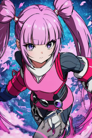 masterpiece, best quality, (detailed background), (beautiful detailed face, beautiful detailed eyes), absurdres, highres, ultra detailed, masterpiece, best quality, detailed eyes, Sophie_TalesOf, solo, lavander haircolor, lon pigtails hairstyle, humanoid armor, gray suit with a pink over-vest that has magenta lining, black belt that connects to her white leg warmers, and on her arms are large dark blue gloves, fastened by red rings at the top, light pink shoes with a red ribbon on each, anklet on her right foot, looking at viewer, cowboy shot, cinematic composition, dynamic pose,mikudef,guiltys