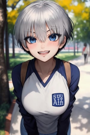 masterpiece, best quality, (detailed background), (beautiful detailed face, beautiful detailed eyes), absurdres, highres, ultra detailed, masterpiece, best quality, detailed eyes, blue-eyes, silver hair, hair bangs, alluring, open mouth, neck bone, at a park, (bokeh:1.1), depth of field, looking_at_viewer, Uzaki hana, pov_eye_contact, silver hair, fair complexion, pink lips, kinki, alluring, light skin, blue iris, smirk, bob hairstyle, hair bangs, long-sleeve shirt with the words sugoi dekai printed on the front, denim short light blue skirt, black leggins, medium_breasts, black nape hair, perfecteyes, finger on mouth,perfecteyes, anime pose, laughing, full_body, blushing, kissing