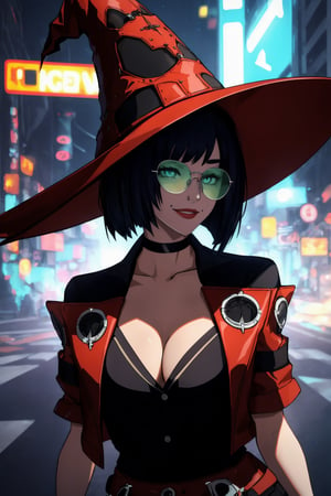 masterpiece, best quality, (detailed background), (beautiful detailed face, beautiful detailed eyes), absurdres, highres, ultra detailed, masterpiece, best quality, detailed eyes, frown, green_eyes, black hair, sexy pose, alluring, close mouth, close-fitting clothing, neck bone, at the city , midnight, cyberpunk scene, neon lights, lightning, light particles, electric, dj theme, synthwave theme, (bokeh:1.1), depth of field, looking_at_viewer, pov_eye_contact, upper_body, guiltys, inoMS, black buttoned short top, cleavage, red jacket, high heel boots, black fingerless gloves, black hair in a bob cut, fair complexion, red lips, left cheek mole, witch hat that has a skull face on it, glasses with green crystal, smiling, red short-shorts that are open on one side, arms_crossed, arms_folded,InoXrd, laughing