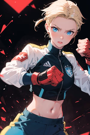 Cammy White, mature woman, short hair trim, colorful, blonde hair, blue eyes, red gloves, fighting pose, fist close, yellow lightings, glow, glowing fist, light particles, sports wear, blue leather jacket, wallpaper, chromatic aberration, city destruction background