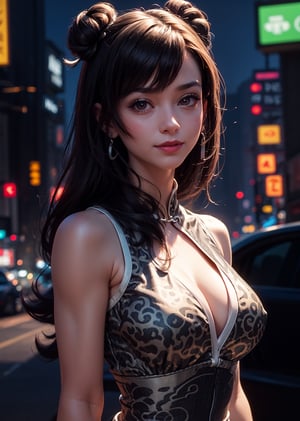 masterpiece, best quality, (detailed background), (beautiful detailed face, beautiful detailed eyes), absurdres, highres, ultra detailed, masterpiece, best quality, detailed eyes, upper body, 1_girl, red eyes, cyberpunk scene, Tifa, Final Fantasy 7 game, dark hair, pink lips, neck bone, messy cut, blunt bangs, red eyes, wearing silver qipao with cheetah pattern, buns hairstyle, collected hair, midnight, at the city streeys, sexy pose, model pose, alluring pose, smile, marked abs, marked lower abs, well toned body, upper_body, looking_at_viewer, arms_raised, Close-fitting, ;), winking, wink ,SF2 CHUN, cleavage cutout