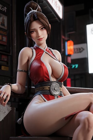 masterpiece, best quality, (detailed background), (beautiful detailed face, beautiful detailed eyes), absurdres, highres, ultra detailed, masterpiece, best quality, detailed eyes, brown_eyes, brown hair, crossed_arms, folded arms, ,asian girl, upper body, neck bone, at the city, midnight, cyberpunk scene, neon lights, red and white kunoichi ninja dress, red tassels, at the back that are fastened to an obi around her waist, circular white ropes secured around her shoulders, red and black colored tabi, smile, laying_down, crossed_legs_(sitting), marked v, marked abs, cowboy_shot,