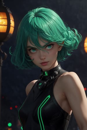 masterpiece, best quality, (detailed background), (beautiful detailed face, beautiful detailed eyes), absurdres, highres, ultra detailed, masterpiece, best quality, detailed eyes, frown, green_eyes, green hair, floating, dark green tight dress, high collar, ,asian girl, upper body, sexy pose, alluring, close-fitting, neck bone, at the city , midnight, cyberpunk scene, neon lights, wind vfx, splashes, green lightning, light particles, electric, dj theme, synthwave theme, (bokeh:1.1), depth of field, wind powers ,guiltys, surrounded by green aura, touching_hair