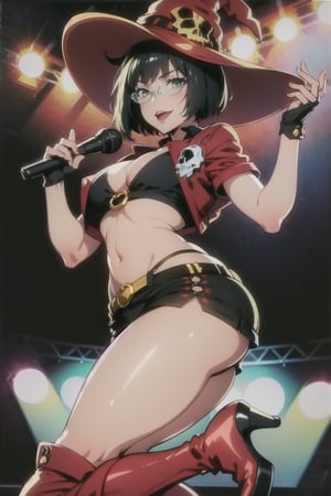 masterpiece, best quality, (detailed background), (beautiful detailed face, beautiful detailed eyes), absurdres, highres, ultra detailed, masterpiece, best quality, detailed eyes, green_eyes, black hair, sexy pose, alluring, open mouth, close-fitting clothing, neck bone, at a concert, midnight, cyberpunk scene, neon lights, lightning, light particles, electric, dj theme, synthwave theme, (bokeh:1.1), depth of field, looking_at_viewer, pov_eye_contact, guiltys, black buttoned short top, cleavage, red jacket, high heel boots, black fingerless gloves, black hair in a bob cut, fair complexion, red lips, mole on left cheek, witch hat that has a skull face on it, glasses with green crystal, smiling, red short-shorts, smirk, inoMS, medium_breasts, playing_instrument, standing, singing, big amps at the background