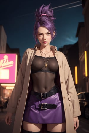 masterpiece, best quality, (detailed background), (beautiful detailed face, beautiful detailed eyes), absurdres, highres, ultra detailed, masterpiece, best quality, detailed eyes, brown_eyes, violet hair, alluring, closed mouth, neck bone, at the village, midnight, cyberpunk scene, neon lights, lightning, light particles, electric, dj theme, synthwave theme, (bokeh:1.1), depth of field, looking_at_viewer, pov_eye_contact, violet hair, fair complexion, pink lips, kinki, light skin, erotic,  styled in a short spiky fanned-out ponytail,  custom-made outfit that is crafted of thin metal mesh to fit the lines of her body that covers her from neck to thigh, wears a tan overcoat with a purple in-seam and a pocket on each side, dark orange mini-skirt, dark blue belt, pale grey shin guards, In addition to the typical forehead protector, she also wears a small pendant that looks like a snake fang
