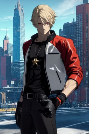 masterpiece, best quality, (detailed background), (beautiful detailed face, beautiful detailed eyes), absurdres, highres, ultra detailed, masterpiece, best quality, detailed eyes, red eyes, RockHoward, 1guy, high contrast , colored, bright colors, perfect color palette, solo,  red, black and white leather jacket with a star a the back, Under the jacket black t-shirt with short sleeves, fingerless_gloves, black leather pants and black shoes,guiltys, at the city,fate/stay background,RockHoward, at midnight, city background