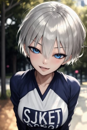 masterpiece, best quality, (detailed background), (beautiful detailed face, beautiful detailed eyes), absurdres, highres, ultra detailed, masterpiece, best quality, detailed eyes, blue-eyes, silver hair, hair bangs, alluring, open mouth, neck bone, at a park, (bokeh:1.1), depth of field, looking_at_viewer, Uzaki hana, pov_eye_contact, silver hair, fair complexion, pink lips, kinki, alluring, light skin, blue iris, smirk, kissing, bob hairstyle, hair bangs, long-sleeve shirt with the words sugoi dekai printed on the front, denim short light blue skirt, panty_hose, medium_breasts, black nape hair, perfecteyes,closed_eyes,guiltys,perfecteyes,inboxDollPlaySetQuiron style