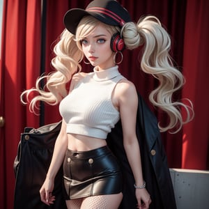 masterpiece, best quality, (detailed background), (beautiful detailed face, beautiful detailed eyes), absurdres, highres, ultra detailed, masterpiece, best quality, detailed eyes, takamaki anne, persona 5 game, solo, jewelry, swept bangs, medium breasts, earrings, blue eyes, hair ornament, platinum blonde hair, 1girl, twintails, hairclip, long hair, stud earrings, at shibuya, black red skirt with square pattern, red crop top sweater, exposed midriff, fishnet stockings, pair of silver headphones, black hat, model