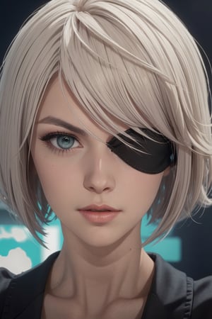 masterpiece, best quality, (detailed background), (beautiful detailed face, beautiful detailed eyes), absurdres, highres, ultra detailed, masterpiece, best quality, detailed eyes, grey-eyes, green hair, alluring, closed mouth, neck bone, at the bed room, midnight, cyberpunk scene, neon lights, lightning, light particles, electric, dj theme, synthwave theme, (bokeh:1.1), depth of field, looking_at_viewer, pov_eye_contact, silver hair, fair complexion, pink lips, kinki, light skin, grey iris, serious, frown, smirk, 2 type b, blindfold