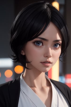masterpiece, best quality, (detailed background), (beautiful detailed face, beautiful detailed eyes), absurdres, highres, ultra detailed, masterpiece, best quality, detailed eyes, blue_eyes, black hair, alluring, closed mouth, neck bone, at the city , midnight, cyberpunk scene, neon lights, lightning, light particles, electric, dj theme, synthwave theme, (bokeh:1.1), depth of field, looking_at_viewer, pov_eye_contact, black hair, fair complexion, pink lips, kinki, light skin, several strands of hair always hanging between her eyes, purple iris, wearing Shihakusho is composed of a white shitagi, a black kosode, a black hakama, a white hakama-himo, white tabi and waraji  , bob haircut, serious, frown, smirk