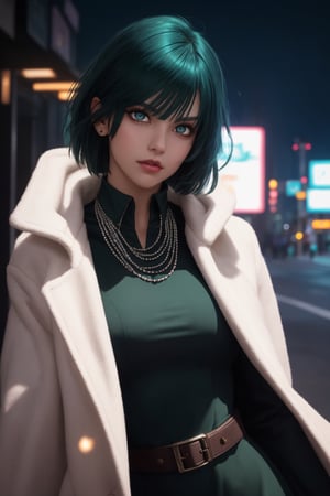 masterpiece, best quality, (detailed background), (beautiful detailed face, beautiful detailed eyes), absurdres, highres, ultra detailed, masterpiece, best quality, detailed eyes, green_eyes, green hair, alluring, close mouth, neck bone, at the city, midnight, cyberpunk scene, neon lights, lightning, light particles, electric, dj theme, synthwave theme, (bokeh:1.1), depth of field, looking_at_viewer, pov_eye_contact, dark green hair, fair complexion, pink lips, kinki, kissing, frown,fubuki\(one punch man\), curvy figure, chin-length, dark green hair with a fringe styled into a bob, and her eyes are light green. Her main attire consists of a long white fur coat, a dark green form-fitting V-neck dress with a high collar, thigh-high black boots and several white pearl necklaces, smirk