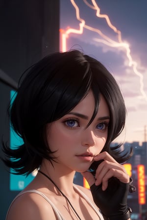 masterpiece, best quality, (detailed background), (beautiful detailed face, beautiful detailed eyes), absurdres, highres, ultra detailed, masterpiece, best quality, detailed eyes, blue_eyes, black hair, alluring, closed mouth, neck bone, at the city , midnight, cyberpunk scene, neon lights, lightning, light particles, electric, dj theme, synthwave theme, (bokeh:1.1), depth of field, looking_at_viewer, pov_eye_contact, black hair, fair complexion, pink lips, kinki, light skin, several strands of hair always hanging between her eyes, purple iris, wearing  fingerless white tekkō, bob haircut, serious 
