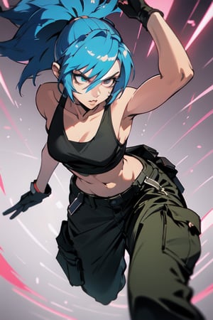 masterpiece, best quality, (detailed background), (beautiful detailed face, beautiful detailed eyes), absurdres, highres, ultra detailed, masterpiece, best quality, detailed eyes, solo, Leona, From King of Fighters, bright blue hair, long hair, Spiky pony tail, Green Cargo pants, black crop top, black gloves, in the city, midnight, neon lights, serious face, small waist, combat boots, parted_lips, marked abs, upper_body, arm, showing_armpits
