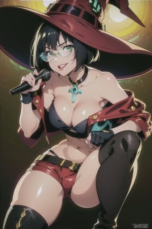 masterpiece, best quality, (detailed background), (beautiful detailed face, beautiful detailed eyes), absurdres, highres, ultra detailed, masterpiece, best quality, detailed eyes, green_eyes, black hair, sexy pose, alluring, closed mouth, close-fitting clothing, neck bone, at a concert, midnight, cyberpunk scene, neon lights, lightning, light particles, electric, dj theme, synthwave theme, (bokeh:1.1), depth of field, looking_at_viewer, pov_eye_contact, guiltys, black buttoned short top, cleavage, red jacket, high heel boots, black fingerless gloves, black hair in a bob cut, fair complexion, red lips, mole on left cheek, witch hat that has a skull face on it, glasses with green crystal, smiling, red short-shorts, smirk, inoMS, medium_breasts