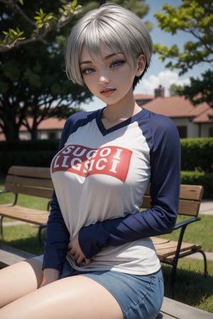 masterpiece, best quality, (detailed background), (beautiful detailed face, beautiful detailed eyes), absurdres, highres, ultra detailed, masterpiece, best quality, detailed eyes, blue-eyes, silver hair, hair bangs, alluring, open mouth, neck bone, at a park, (bokeh:1.1), depth of field, looking_at_viewer, Uzaki hana, pov_eye_contact, silver hair, fair complexion, pink lips, kinki, alluring, light skin, blue iris, smirk, kissing, bob hairstyle, hair bangs, long-sleeve shirt with the words sugoi dekai printed on the front, denim short light blue skirt, panty_hose, medium_breasts, upper_body, black nape hair,perfecteyes, kiss, closed_eyes, sitting, crossed_legs_(sitting)