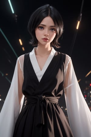 masterpiece, best quality, (detailed background), (beautiful detailed face, beautiful detailed eyes), absurdres, highres, ultra detailed, masterpiece, best quality, detailed eyes, blue_eyes, black hair, alluring, closed mouth, neck bone, at japan, midnight, cyberpunk scene, neon lights, lightning, light particles, electric, dj theme, synthwave theme, (bokeh:1.1), depth of field, looking_at_viewer, pov_eye_contact, black hair, fair complexion, pink lips, kinki, light skin, several strands of hair always hanging between her eyes, purple iris, wearing Shihakusho is composed of a white shitagi, a black kosode, a black hakama, a white hakama-himo, white tabi and waraji, bob haircut, serious, frown, smirk, grabing a katana