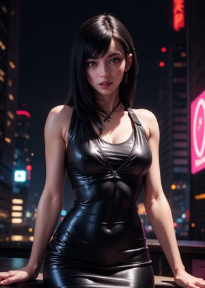 masterpiece, best quality, (detailed background), (beautiful detailed face, beautiful detailed eyes), absurdres, highres, ultra detailed, masterpiece, best quality, detailed eyes, upper body, 1_girl, red eyes, cyberpunk scene, Tifa, Final Fantasy 7 game, dark hair, pink lips, neck bone, messy cut, blunt bangs, red eyes, short blue dress, midnight, at the city, sexy pose, model pose, alluring pose, mouth open, arked abs, marked lower abs, well toned body