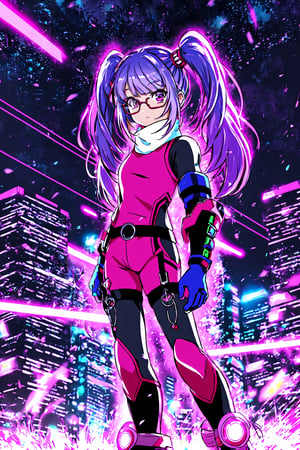 guiltys, stern, a girl, pixel glasses on, upper body, dj theme, synthwave theme, (bokeh:1.1), depth of field, style of tetsuya nomura, tracers, vfx, splashes, lightning, light particles, electric, landscape background, lavander hair,Sophie_TalesOf, lavander haircolor, lon pigtails hairstyle, humanoid armor, gray suit with a pink over-vest that has magenta lining, black belt that connects to her white leg warmers, dark blue gloves, fastened by red rings at the top, light pink shoes with a red ribbon on each, anklet on her right foot, lavander eyes