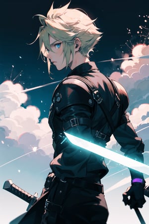 Cloud Strife, from Final Fantasy 7, 1 man, Spiky blonde hair, blue eyes, black gloves, buster sword, green lightings, glow, glowing sword, light particles, advent children clothes, wallpaper, chromatic aberration, sector 7