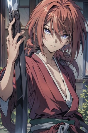 masterpiece, best quality, (detailed background), (beautiful detailed face, beautiful detailed eyes), absurdres, highres, ultra detailed, masterpiece, best quality, detailed eyes, SamuraiX, man,  ,guiltys, upper body, mid-back length red hair tied in a thick ponytail, cross-shaped sword scar on his left cheek, fight stance, red kimono, worn cloth with a white umanori hakama, zori and white tabi.