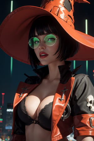 masterpiece, best quality, (detailed background), (beautiful detailed face, beautiful detailed eyes), absurdres, highres, ultra detailed, masterpiece, best quality, detailed eyes, frown, green_eyes, black hair, floating, sexy pose, alluring, open mouth, posing, close-fitting clothing, neck bone, at the city , midnight, cyberpunk scene, neon lights, lightning, light particles, electric, dj theme, synthwave theme, (bokeh:1.1), depth of field, looking_at_viewer, upper_body, guiltys, inoMS,  black top, cleavage cutout, red jacket, high heel boots, black fingerless gloves, black hair in a bob cut, fair complexion, red lips, mole on her left cheek, witch hat that has a skull face on it, glasses with green crystal, smiling, red short-shorts that are open on one side, grabbing a green mint les paul guitar