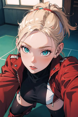 ((masterpiece)), (best quality), official art, extremely detailed CG, unity 8k wallpaper, ultra detailed, highly detailed, detailed background, vivid color, photorealistic, perfect lighting, best illumination, Cammy White, aqua eyes, Blonde hair, short hair, red boots, blue leather jacket, , jacket, long sleeves, sport wear, red gloves, thighhighs, zettai ryouiki, 