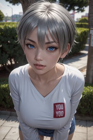 masterpiece, best quality, (detailed background), (beautiful detailed face, beautiful detailed eyes), absurdres, highres, ultra detailed, masterpiece, best quality, detailed eyes, blue-eyes, silver hair, hair bangs, alluring, open mouth, neck bone, at a park, (bokeh:1.1), depth of field, looking_at_viewer, Uzaki hana, pov_eye_contact, silver hair, fair complexion, pink lips, kinki, alluring, light skin, blue iris, smirk, kissing, bob hairstyle, hair bangs, long-sleeve shirt with the words sugoi dekai printed on the front, denim short light blue skirt, panty_hose, medium_breasts, upper_body, black nape hair, perfecteyes, kiss, closed_eyes,guiltys