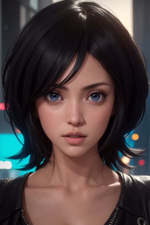 masterpiece, best quality, (detailed background), (beautiful detailed face, beautiful detailed eyes), absurdres, highres, ultra detailed, masterpiece, best quality, detailed eyes, blue_eyes, black hair, alluring, open mouth, neck bone, at the city , midnight, cyberpunk scene, neon lights, lightning, light particles, electric, dj theme, synthwave theme, (bokeh:1.1), depth of field, looking_at_viewer, pov_eye_contact, black hair, fair complexion, pink lips, kinki, light skin, several strands of hair always hanging between her eyes, purple iris