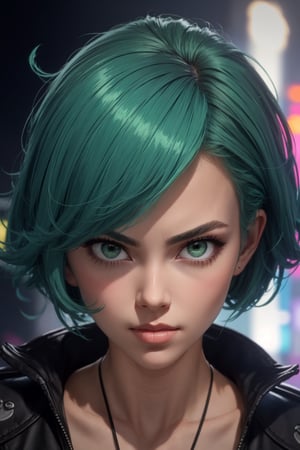 masterpiece, best quality, (detailed background), (beautiful detailed face, beautiful detailed eyes), absurdres, highres, ultra detailed, masterpiece, best quality, detailed eyes, green_eyes, green hair, alluring, open mouth, neck bone, at the city, midnight, cyberpunk scene, neon lights, lightning, light particles, electric, dj theme, synthwave theme, (bokeh:1.1), depth of field, looking_at_viewer, pov_eye_contact, green hair, fair complexion, pink lips, frown, pouty face, black thight dress, blushing, smirk, model posing