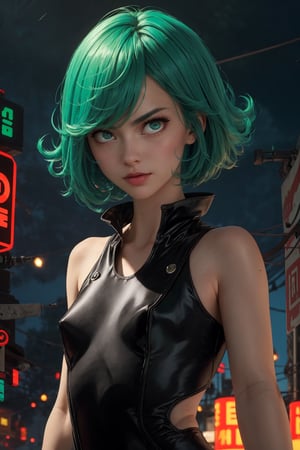 masterpiece, best quality, (detailed background), (beautiful detailed face, beautiful detailed eyes), absurdres, highres, ultra detailed, masterpiece, best quality, detailed eyes, frown, green_eyes, green hair, floating, dark green tight dress, high collar, ,asian girl, upper body body, sexy pose, alluring, erotic pose, seductive, kinky, close-fitting clothing, neck bone, at the city , midnight, cyberpunk scene, neon lights, wind vfx, splashes, green lightning, light particles, electric, dj theme, synthwave theme, (bokeh:1.1), depth of field, wind powers ,guiltys, surrounded by green aura, arms_raised
