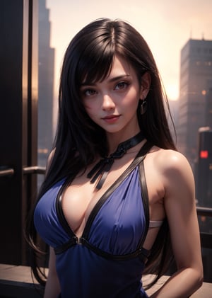 masterpiece, best quality, (detailed background), (beautiful detailed face, beautiful detailed eyes), absurdres, highres, ultra detailed, masterpiece, best quality, detailed eyes, upper body, 1_girl, red eyes, cyberpunk scene, Tifa, Final Fantasy 7 game, dark hair, pink lips, neck bone, messy cut, blunt bangs, red eyes, short blue dress, midnight, at the city, sexy pose, model pose, alluring pose, closed_mouth, smile, arked abs, marked lower abs, well toned body, upper_body, pov_eye_contact, looking_at_viewer, hands on hips, Close-fitting