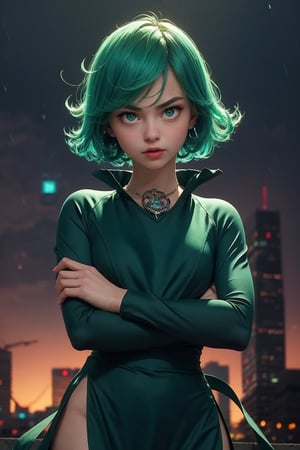 masterpiece, best quality, (detailed background), (beautiful detailed face, beautiful detailed eyes), absurdres, highres, ultra detailed, masterpiece, best quality, detailed eyes, frown, green_eyes, green hair, crossed_arms, folded arms, floating, dark green tight dress, long_sleeves, high collar, ,asian girl, upper body, sexy pose, alluring, erotic pose, open mouth, seductive, kinky, close-fitting clothing, neck bone, at the city , midnight, cyberounk scene, neon lights, vfx, splashes, lightning, light particles, electric, dj theme, synthwave theme, (bokeh:1.1), depth of field