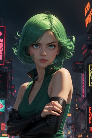 masterpiece, best quality, (detailed background), (beautiful detailed face, beautiful detailed eyes), absurdres, highres, ultra detailed, masterpiece, best quality, detailed eyes, frown, green_eyes, green hair, crossed_arms, folded arms, floating, dark green tight dress, long_sleeves, high collar, ,asian girl, upper body body, sexy pose, alluring, erotic pose, seductive, kinky, close-fitting clothing, neck bone, at the city , midnight, cyberpunk scene, neon lights, wind vfx, splashes, green lightning, light particles, electric, dj theme, synthwave theme, (bokeh:1.1), depth of field, wind powers ,guiltys, surrounded by green aura