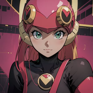 masterpiece, best quality, (detailed background), (beautiful detailed face, beautiful detailed eyes), absurdres, highres, ultra detailed, masterpiece, best quality, detailed eyes, green eyes ,mecha musume,guiltys, lightweight bodysuit-type, mixture of the colors pink, red, black, highlighting different parts of her body, Attached to her helmet is a pair of transparent ribbon-like antennae, at cyberspace background, looking_at_viewer