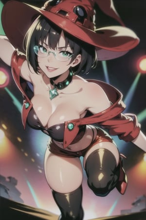 masterpiece, best quality, (detailed background), (beautiful detailed face, beautiful detailed eyes), absurdres, highres, ultra detailed, masterpiece, best quality, detailed eyes, green_eyes, black hair, sexy pose, alluring, closed mouth, close-fitting clothing, neck bone, at a concert, midnight, cyberpunk scene, neon lights, lightning, light particles, electric, dj theme, synthwave theme, (bokeh:1.1), depth of field, looking_at_viewer, pov_eye_contact, guiltys, black buttoned short top, cleavage, red jacket, high heel boots, black fingerless gloves, black hair in a bob cut, fair complexion, red lips, mole on left cheek, witch hat that has a skull face on it, glasses with green crystal, smiling, red short-shorts, smirk, inoMS, medium_breasts, playing_instrument